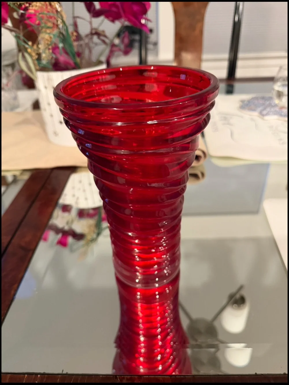 Vibrant Red Spiral Glass Vase - Decorative Home Accent